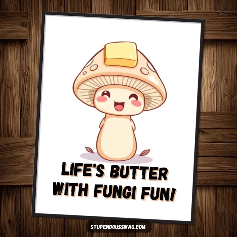 Funny Free Printable Wall Art: a happy mushroom proudly wearing a tiny hat made from a butter pat, charming decor.