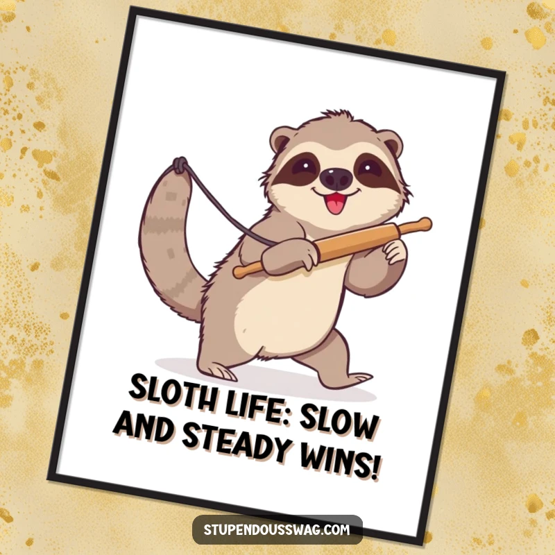 Funny Free Printable Wall Art: a clumsy sloth comically attempting to lasso a runaway rolling pin, a humorous scene.