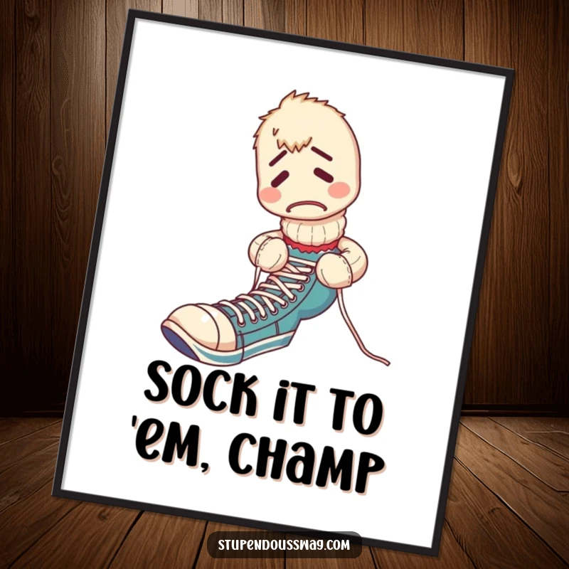 Funny Free Printable Wall Art: A single, confused sock puppet is hilariously entangled trying to tie its own shoelaces, adding quirky charm.