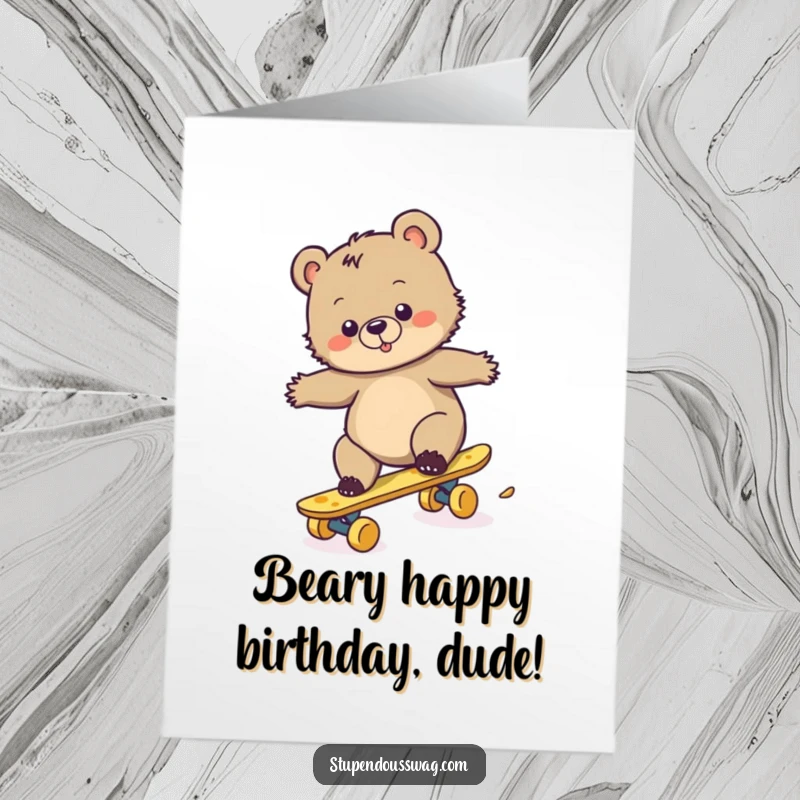 Funny Free Printable Birthday Card: Clumsy bear cub tries to skateboard on cheese, hilarious downloadable art.