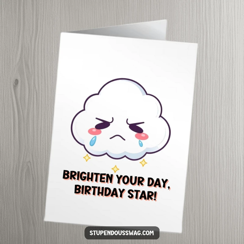 Funny Free Printable Birthday Card: A grumpy cloud sheds sparkling rainbow tears, adding a colorful twist.