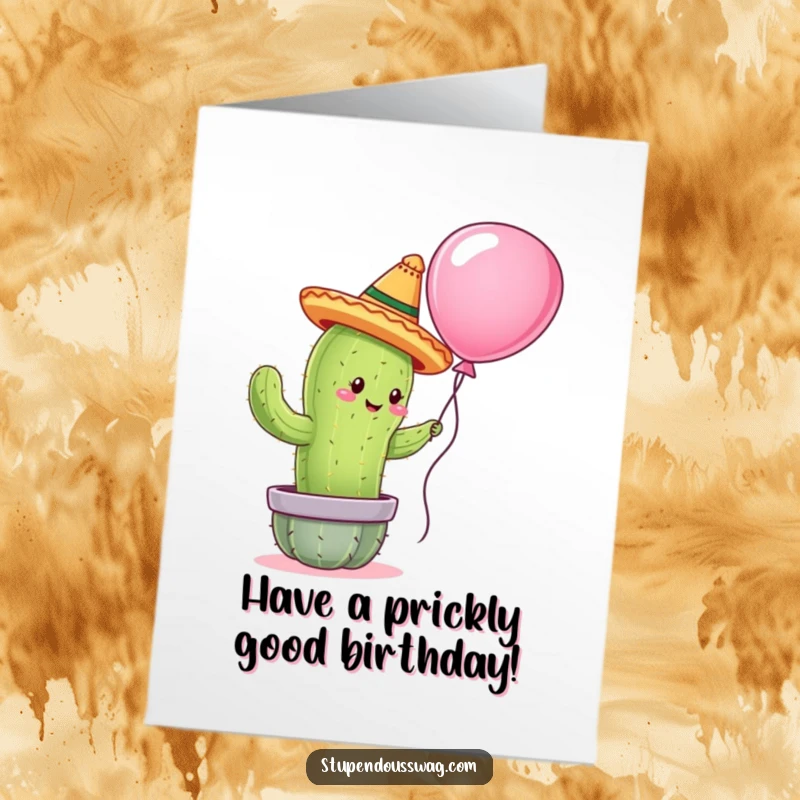 Funny Free Printable Birthday Card: Cactus wearing a sombrero trying to hug a balloon, sweet and humorous.