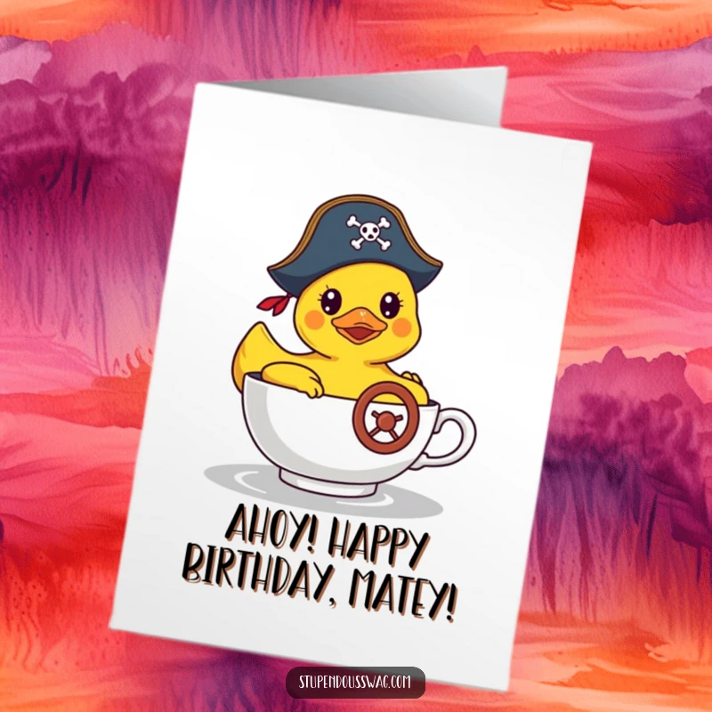 Funny Free Printable Birthday Card: Rubber duck in a pirate hat steering a teacup boat, adventurous and whimsical.