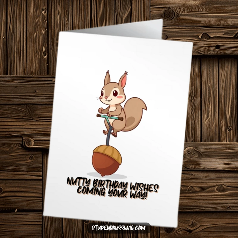 Funny Free Printable Birthday Card: Mischievous squirrel balancing on a giant acorn unicycle, celebrating with flair.