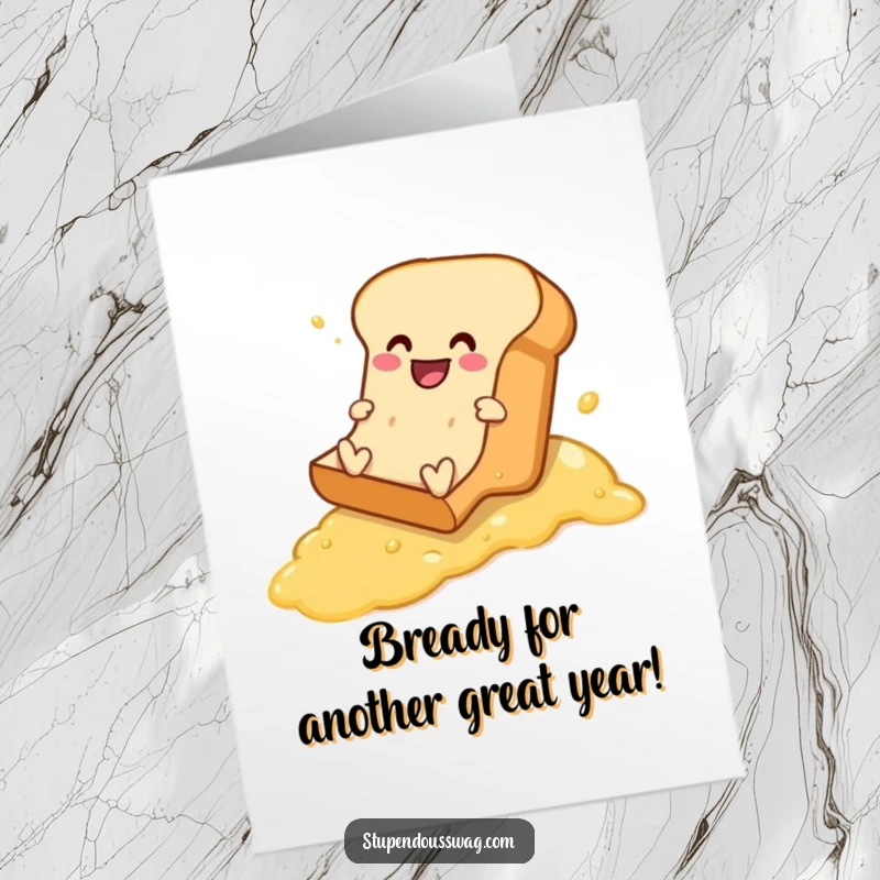 Funny Free Printable Birthday Card: A happy loaf of bread gleefully sliding down a buttered incline, ready to spread birthday cheer.