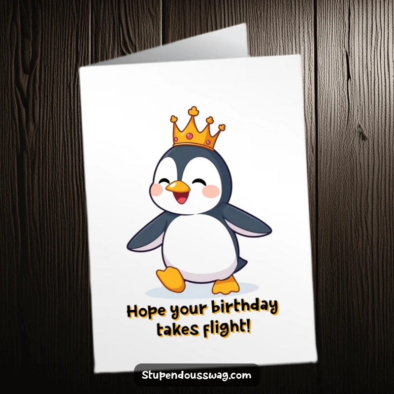 Comical Free Printable Birthday Card: A penguin wearing a small crown hilariously tries to fly, celebrating a birthday.