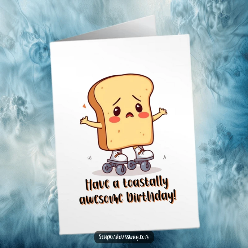 Funny Free Printable Birthday Card: A bewildered loaf of bread wobbling precariously on roller skates, full of comedic panic.