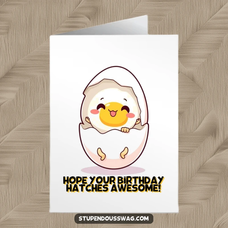 Funny Free Printable Birthday Card: A startled egg pops open its shell to reveal tiny, energetic dancing legs, spreading birthday cheer.