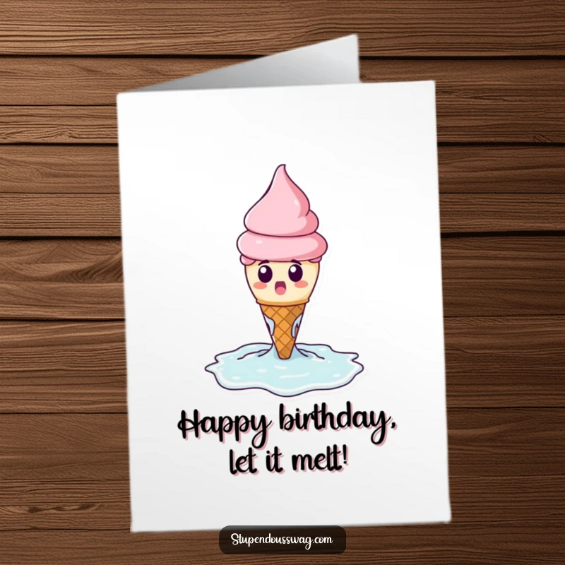 Funny Free Printable Birthday Card: A surprised ice cream cone dramatically melts into a puddle, sending cool birthday wishes.