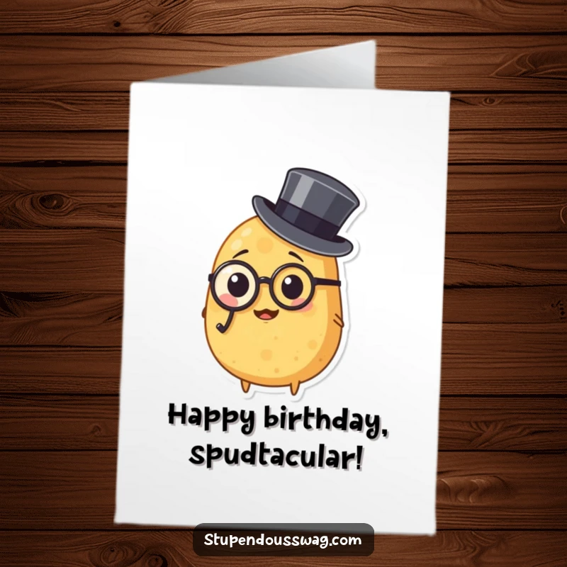 Funny Free Printable silly potato wearing monocle and top hat, ready for a distinguished birthday.