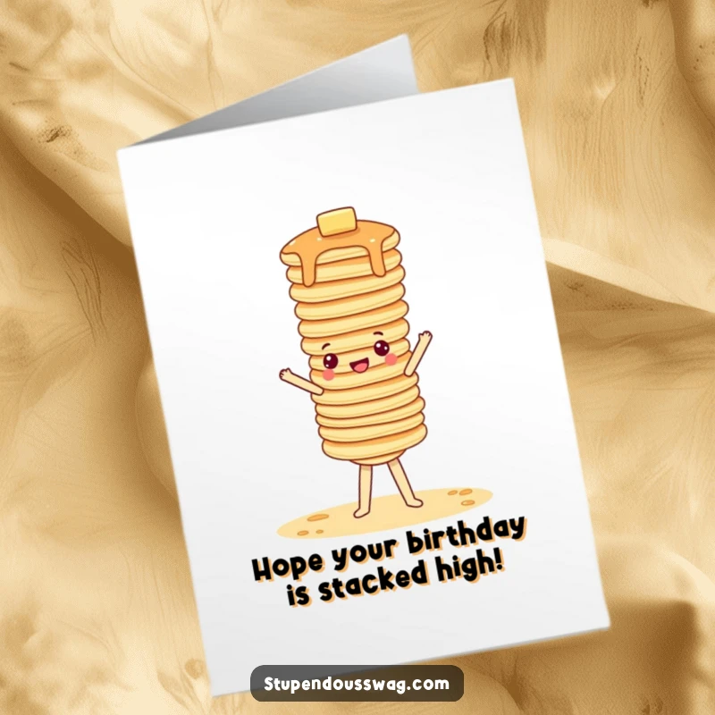 Funny Free Printable Birthday Card: A wobbly tower of pancakes hilariously attempts a handstand, wishing you a very happy birthday.
