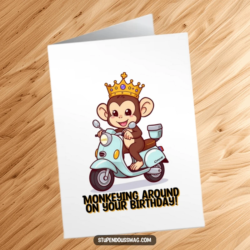 Funny free printable monkey king card, a mischievous monkey wearing a crown rides a tiny ornate scooter.