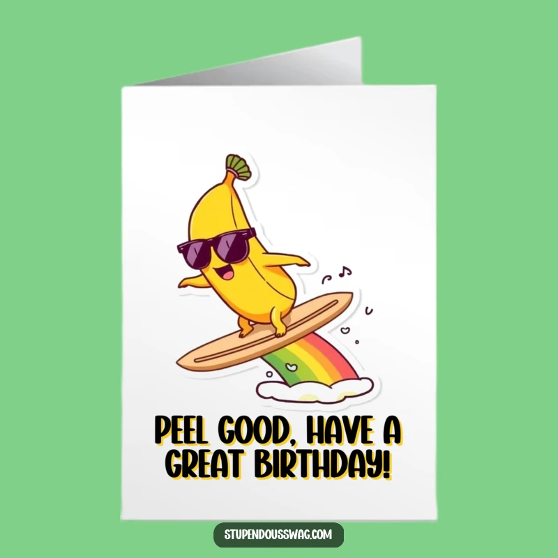 Free Printable Surfing Banana Birthday Card: Funny Downloadable Gift for Fun Lovers