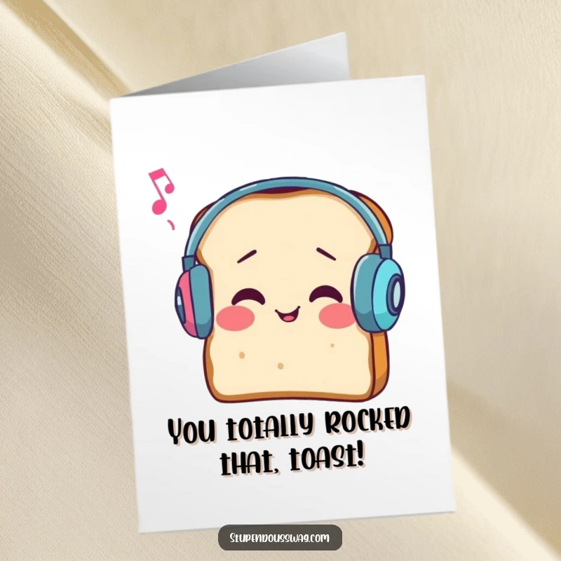 Quirky Free Printable Congrats Card: A slice of bread wearing earmuffs struggles to hear music, celebrating a win.