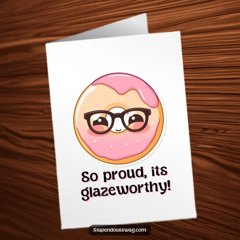 Funny Free Printable Congratulations Card: A bashful donut with glasses turns rosy-cheeked, conveying heartfelt congratulations with humor.