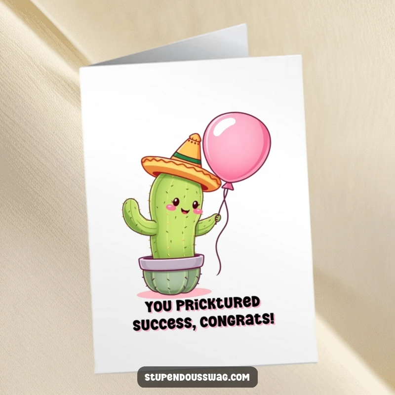 Funny Free Printable Congrats Card: Cactus in a sombrero attempting a balloon hug, congratulating with charm.
