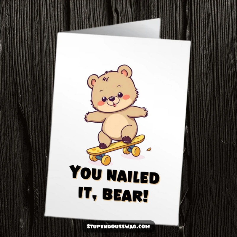 Funny Free Printable Congrats Card: Bear cub skateboarding on cheese, clumsy and humorous congratulations downloadable art.