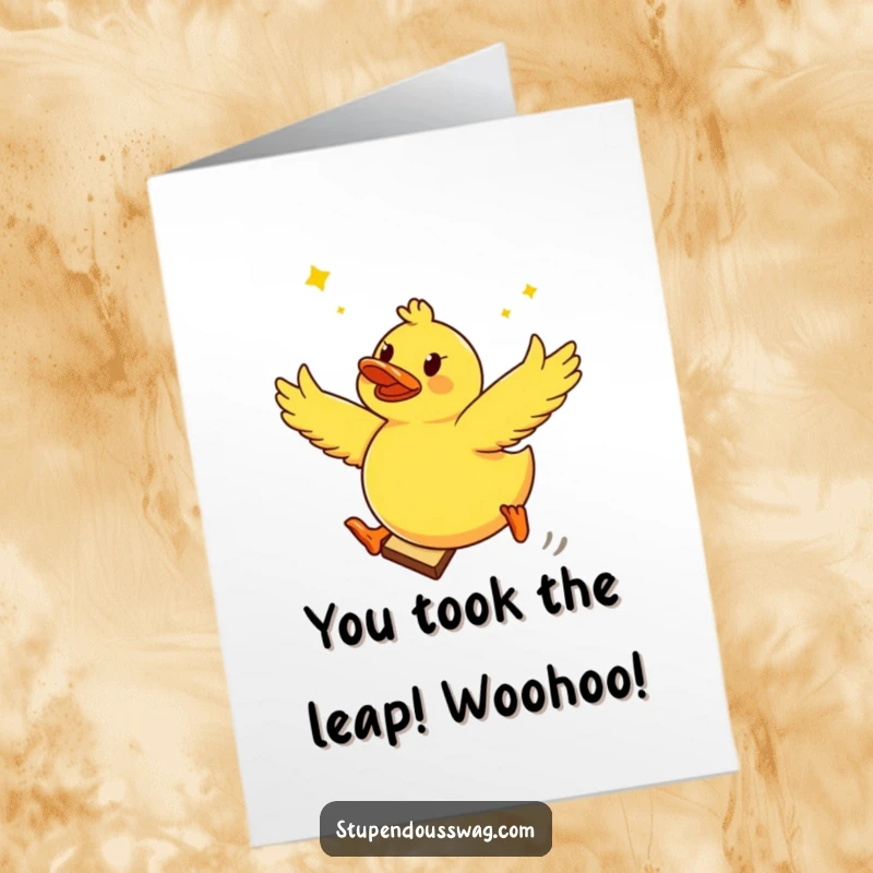 Funny Free Printable Congratulations Card: A courageous rubber duck executes a daring jump from a piece of flying toast, celebrating success.