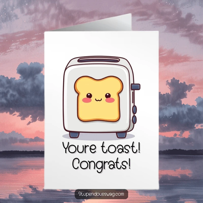 Funny Free Printable Congrats Card: Smiling bread slice stuck in toaster, a delightfully quirky and humorous DIY card.