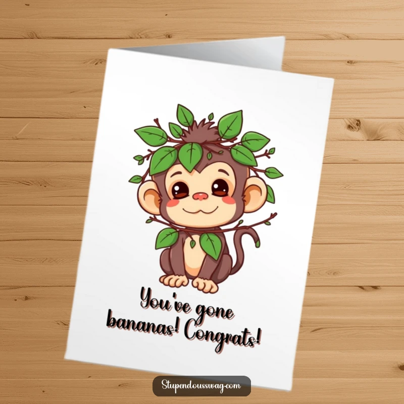 Funny free printable congratulations card: A mischievous monkey emerges from a leafy twig disguise, signaling a sneaky victory.