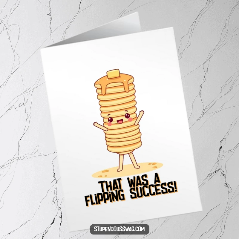 Funny Free Printable Congratulations Card: A stack of pancakes wobbles precariously as it attempts a hilarious handstand, celebrating your win.