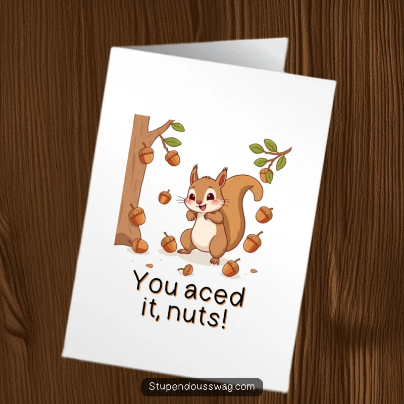 Funny Free Printable Congrats Card depicting a frantic squirrel in a whirlwind trying to catch bouncing acorns.