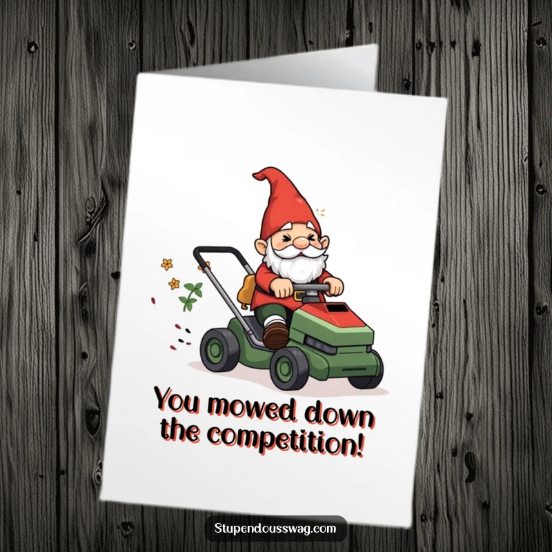 Funny Free Printable Gnome Congratulations Card: Confused gnome speeding away on a runaway lawnmower.
