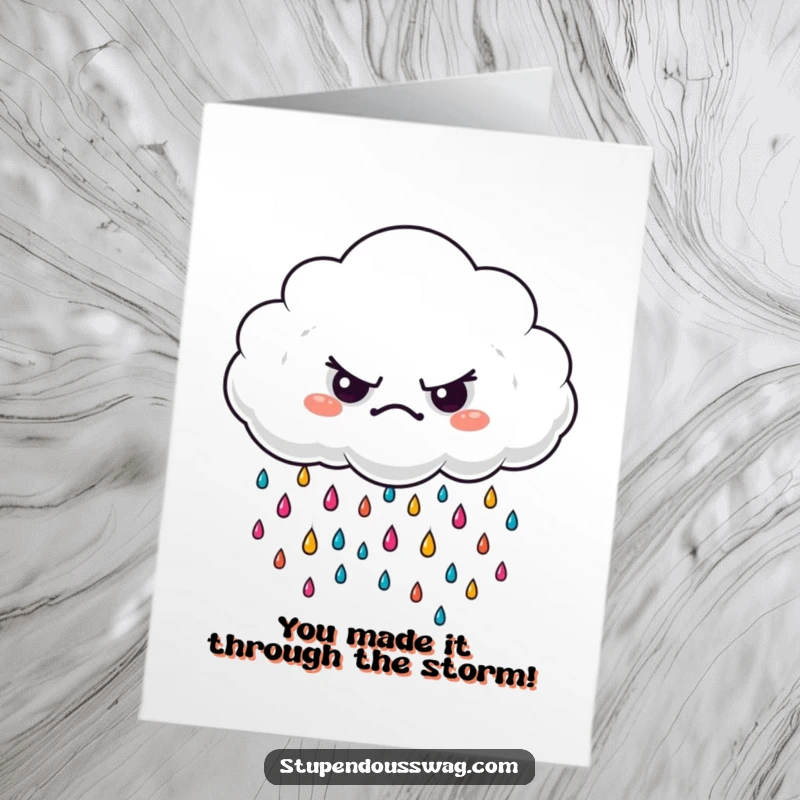 Funny Free Printable Congratulations Card: A grumpy cloud raining colorful drops, expressing a unique take on heartfelt congrats, easy to print.