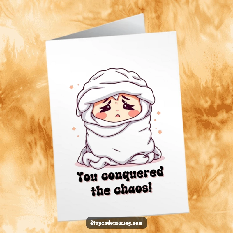 Funny Free Printable Congratulations Card: A pile of laundry sighing with exhaustion, perfect for celebrating hard-earned wins.