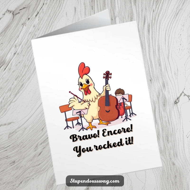 Funny Free Printable Congratulations Card: A rubber chicken energetically conducts an orchestra in a scene of delightful, noisy chaos.