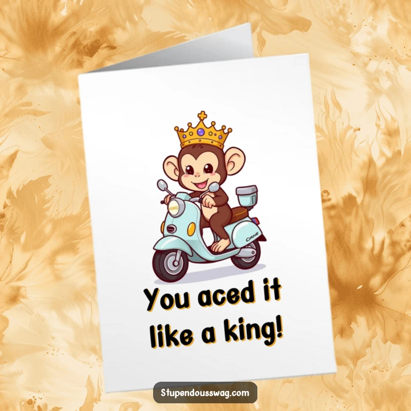 Funny free printable monkey king card, a monkey wearing a crown rides a scooter in celebration.