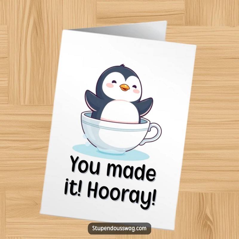 Funny Free Printable Congratulations Card: A dizzy penguin navigates a teacup, transformed into a whimsical boat.