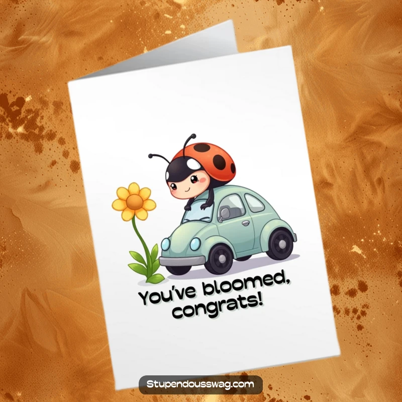 Funny Free Printable Congrats Card: Ladybug driving flower-powered car, humorous congratulations downloadable art.