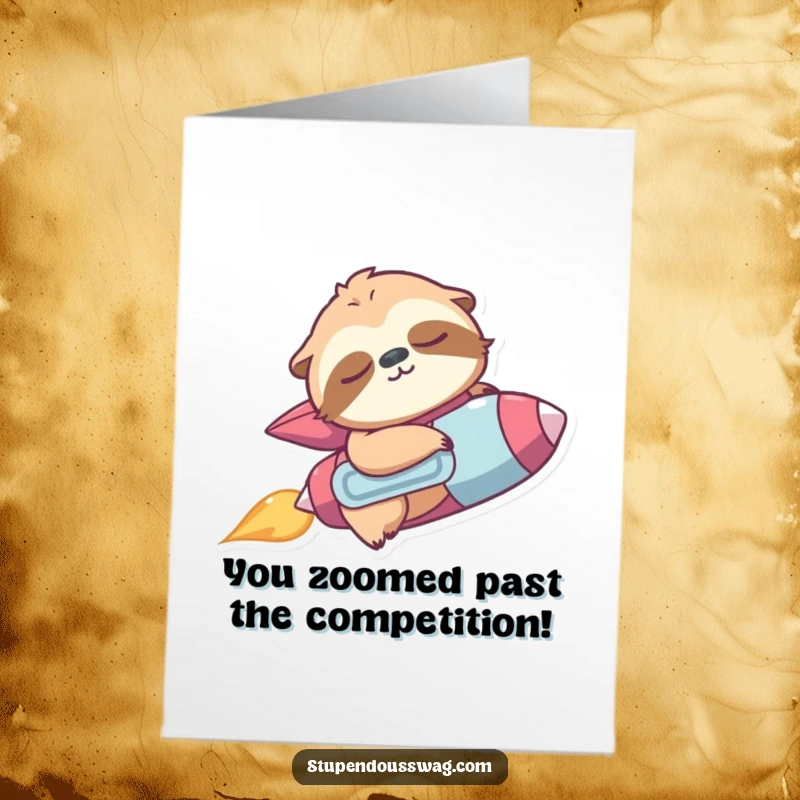 Comical Free Printable Congrats Card: A sleepy sloth wearing a jetpack accidentally zooms upwards, celebrating a big achievement.