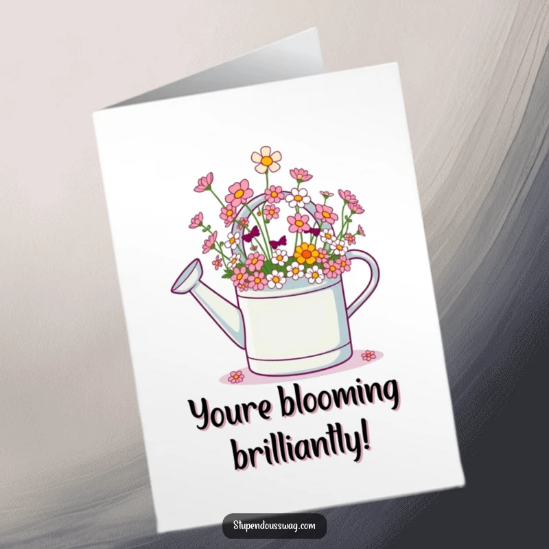 Funny Free Printable Congratulations Card: a giggling watering can overflowing with colorful tiny flowers, symbolizing growth and happiness.