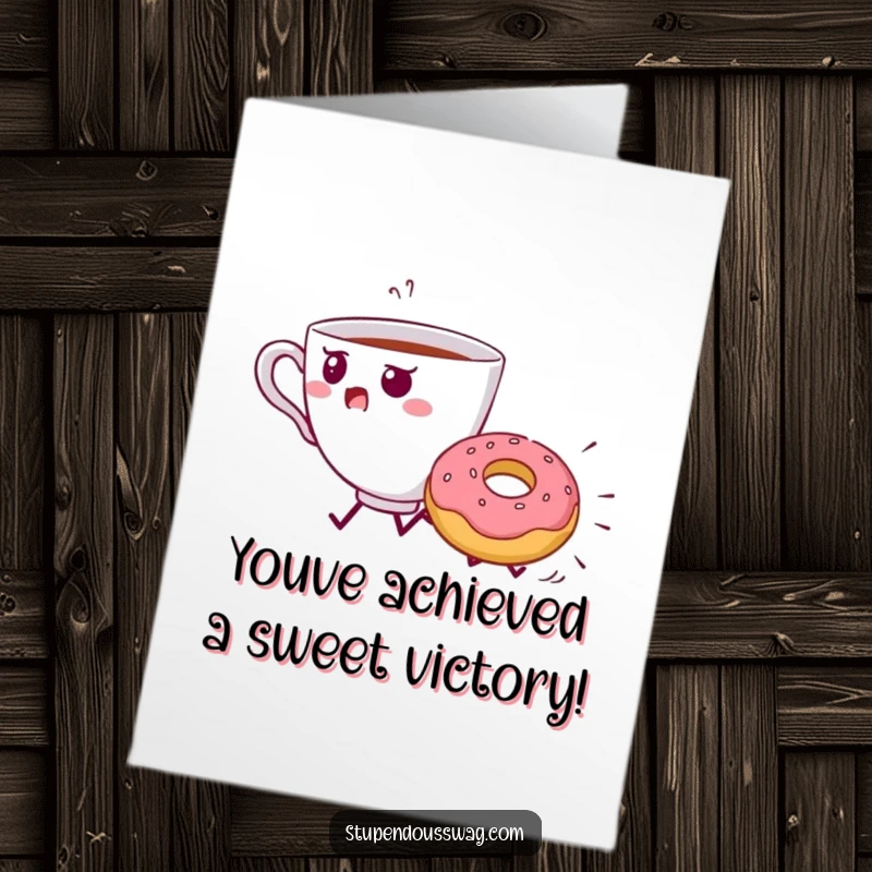 Funny Free Printable Congratulations Card showing a scared teacup being hilariously chased by a speedy, rolling donut.