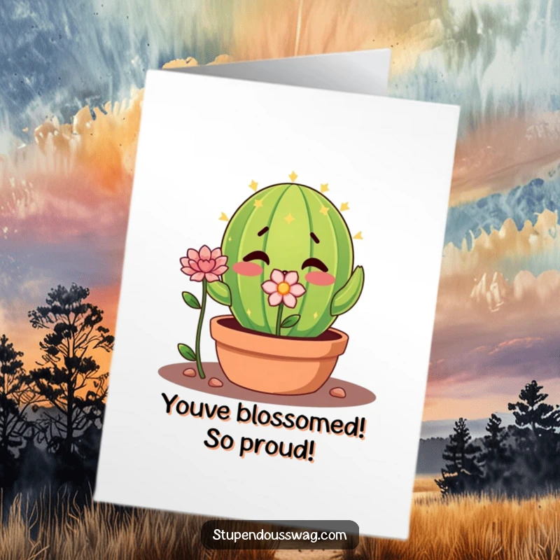 Funny Free Printable Congratulations Card: A shy cactus timidly offers a beautiful flower as a token of good wishes.