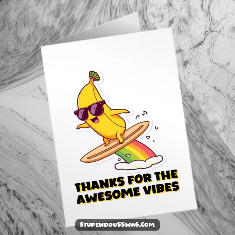 Groovy Free Printable Thank You Card: A banana with sunglasses surfs a rainbow, sending thanks with a cool vibe.