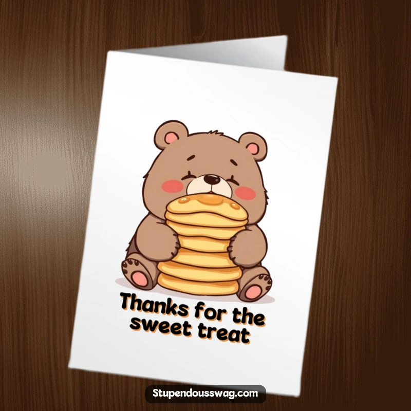 Funny Free Printable Thank You Card featuring a clumsy bear with pancakes precariously balanced on its nose.