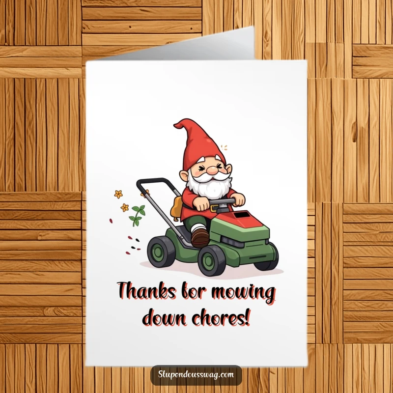 Funny Free Printable Gnome Thank You Card: Confused gnome on a runaway lawnmower, offering thanks.