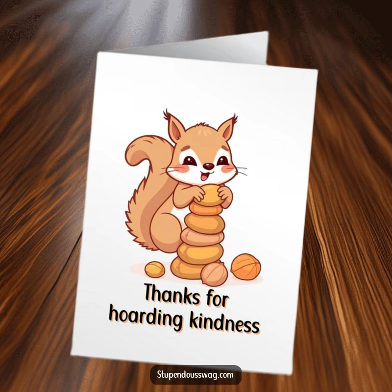 Funny Free Printable clumsy squirrel balancing a stack of nuts, expressing thanks, perfect downloadable thank you card.