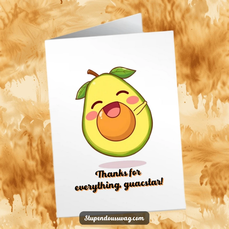 Funny Free Printable Thank You Card: a laughing avocado pit doing a tiny somersault after escaping its fruit, a quirky thank you.