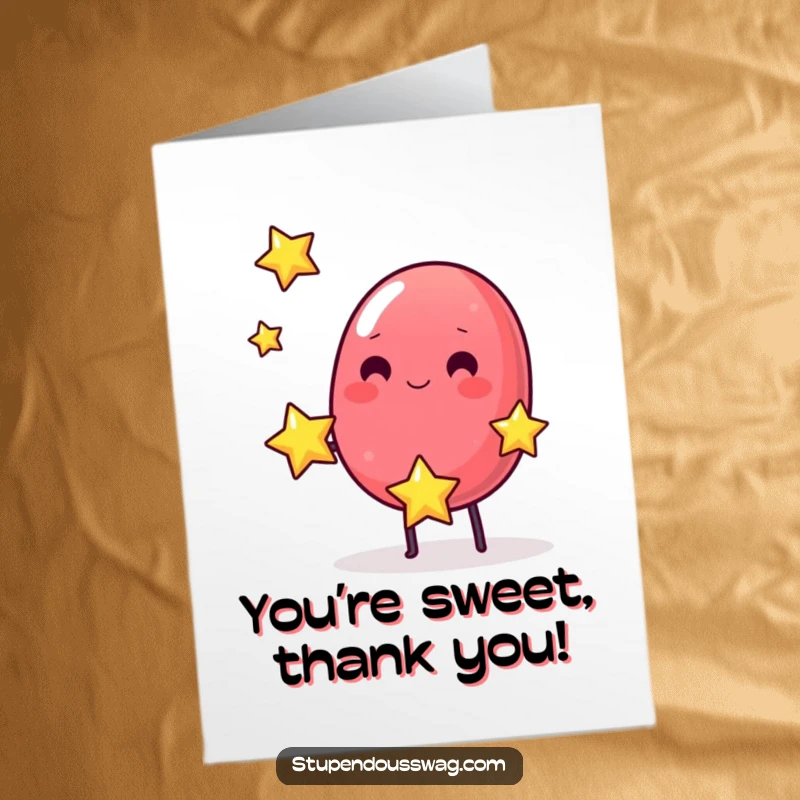 Funny Free Printable Thank You Card: A wobbly jelly bean juggles twinkling stars, sending a celestial thank you.