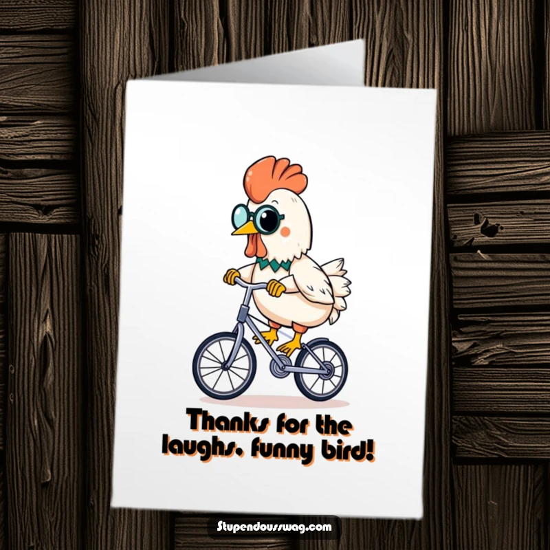 Funny Free Printable Thank You Card: A rubber chicken in a monocle rides a unicycle with a banana, offering a quirky and thankful gesture.