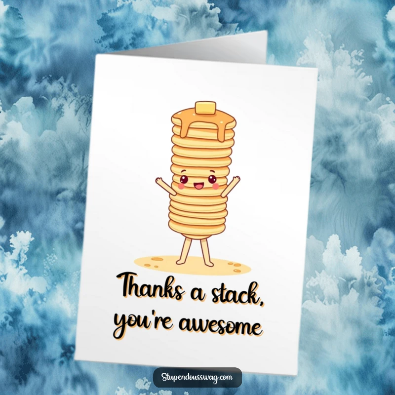 Funny Free Printable Thank You Card: A wobbly tower of pancakes struggles to maintain a handstand, sending thanks with a chuckle.