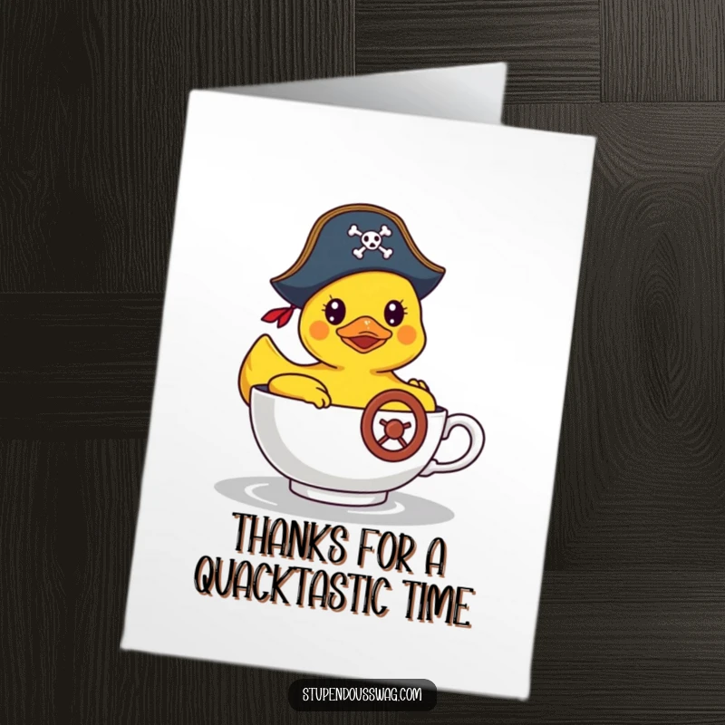 Funny Free Printable Thank You Card: Rubber duck in a pirate hat steering a teacup, humorously expressing thanks.