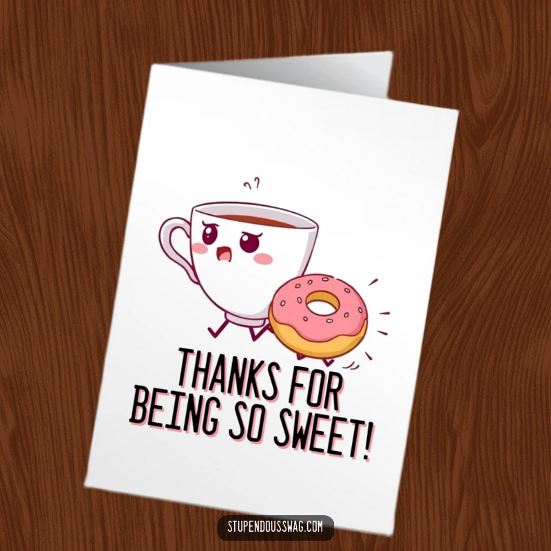 Funny Free Printable Thank You Card of a startled teacup running from a large, rolling donut. Unexpected thanks!