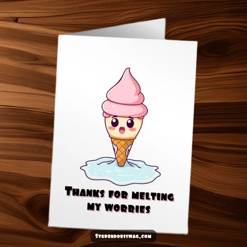 Funny Free Printable Thank You Card: A shocked ice cream cone melts dramatically into a puddle, sending thanks with a sweet vibe.