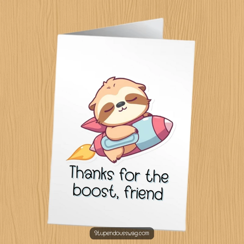 Amusing Free Printable Thank You Card: A sleepy sloth in a jetpack accidentally zooms upward, conveying thanks.