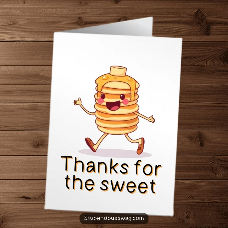 Funny Free Printable Thank You Card depicting a cheerful, wobbly stack of pancakes marching purposefully to express thanks.